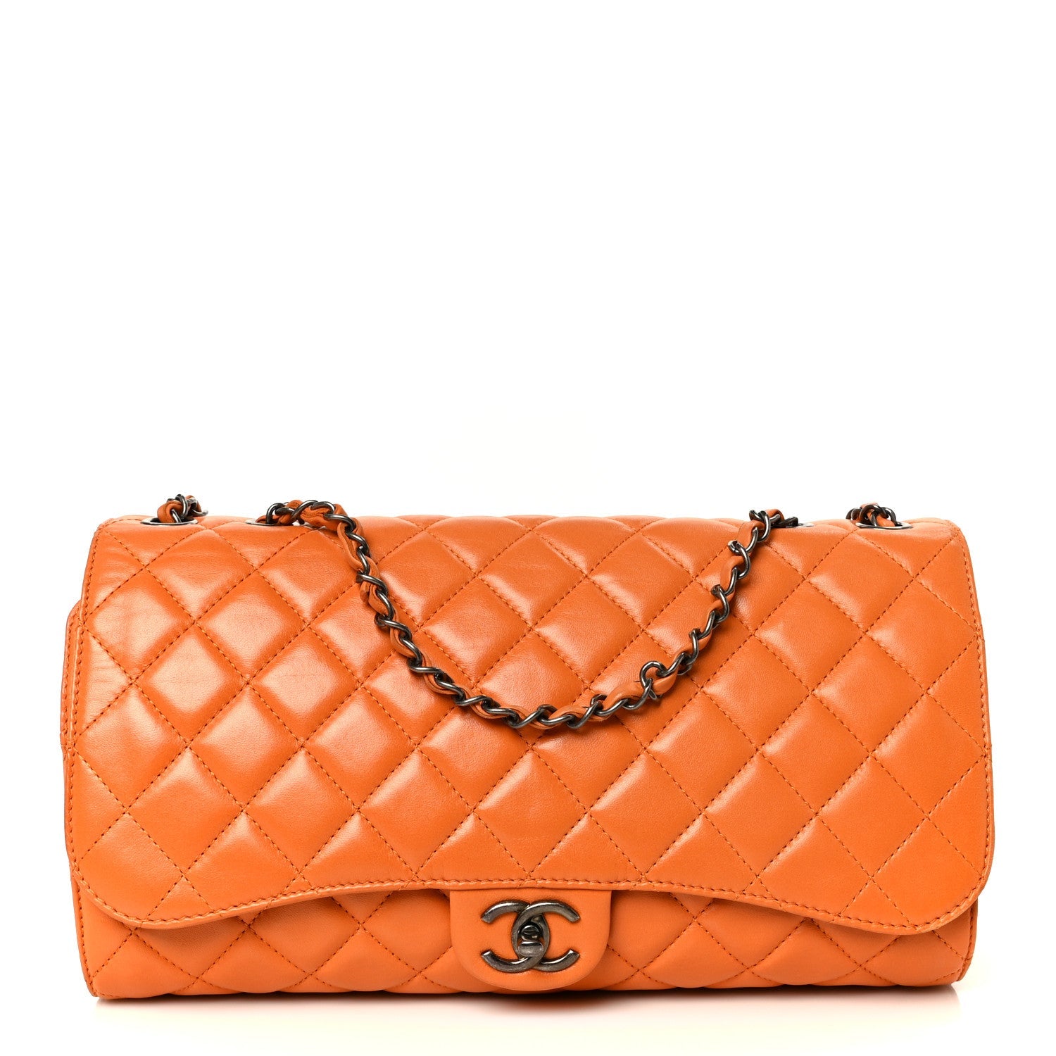 Lambskin Quilted Jumbo Grocery By Chanel Drawstring Shopping Bag Orange