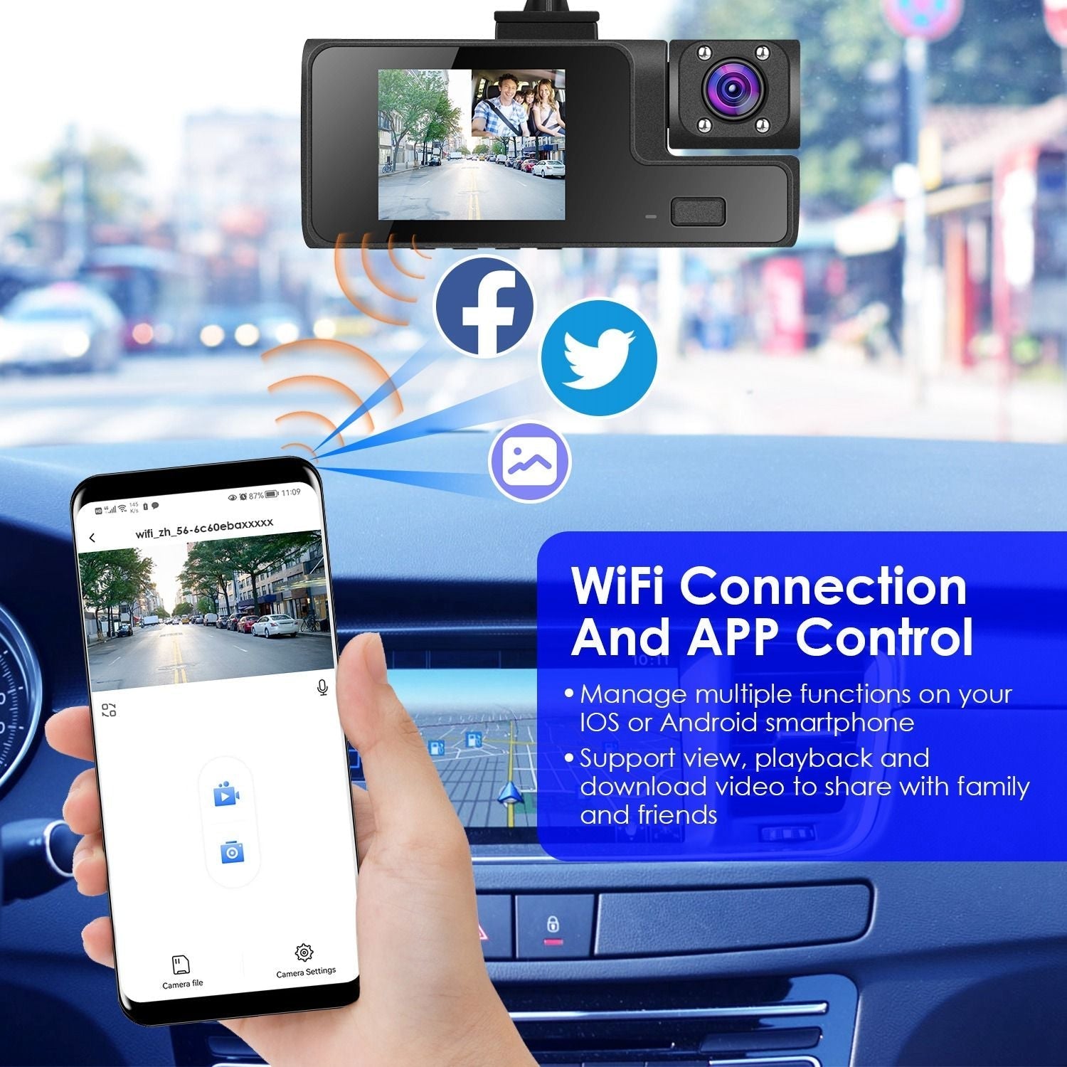 WiFi FHD 1080P Car Dash Cam 3 Channels Front Rear Inside Dash Camera with Loop Recording Reversing Visual 170° Wide Angle 64G Card Included