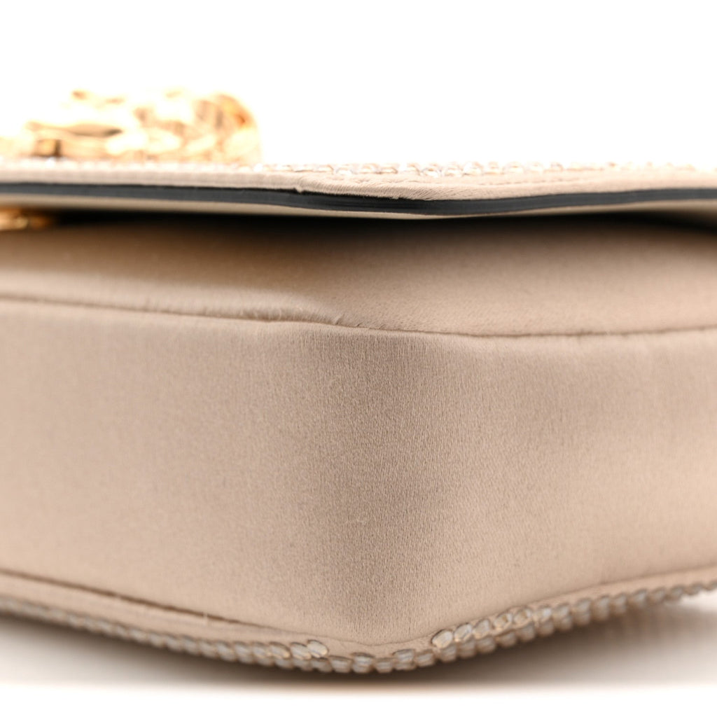 Satin Crystal Medusa Chain Clutch Beige