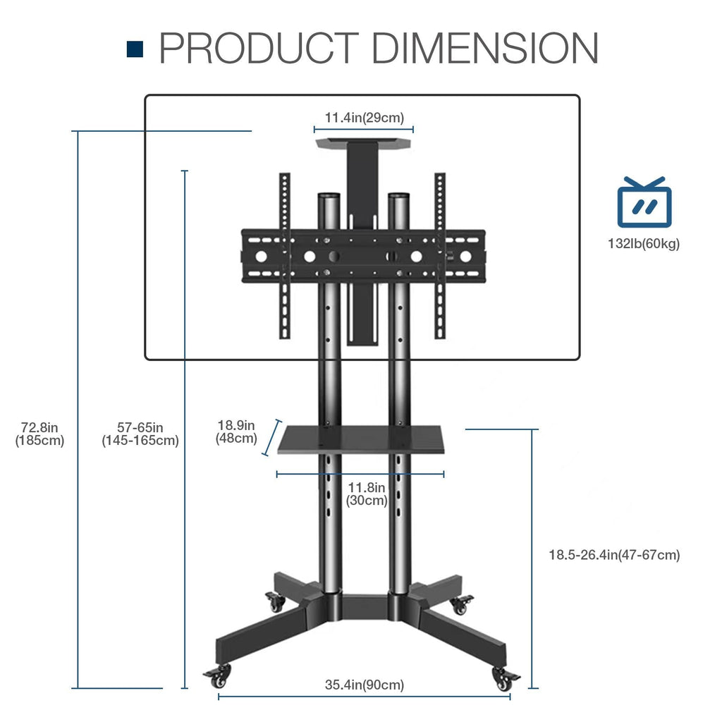 Mobile TV Stand on Wheels, 32-65 Inch TV Cart up to 132lbs with Adjustable Laptop Shelf and Top Tray for Flat Panel Curved Screen Rolling Floor TV Stand Max VESA 600*400mm
