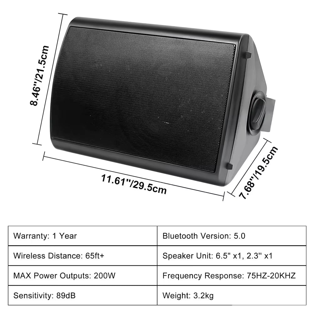 800W 6.5-Inch Outdoor Waterproof Bluetooth Speakers with HD Digital Stereo Sound System - Wall Mounted for Patio (Set of 2)