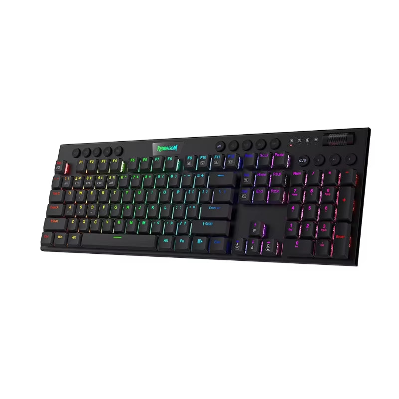 Redragon K618 Horus Tri-Mode Wireless RGB Mechanical Gaming Keyboard - Bluetooth, 2.4GHz, and Wired Low Profile Design - Red Switch