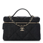 Denim Quilted Top Handle Slim Vanity Case With Chain Dark Blue