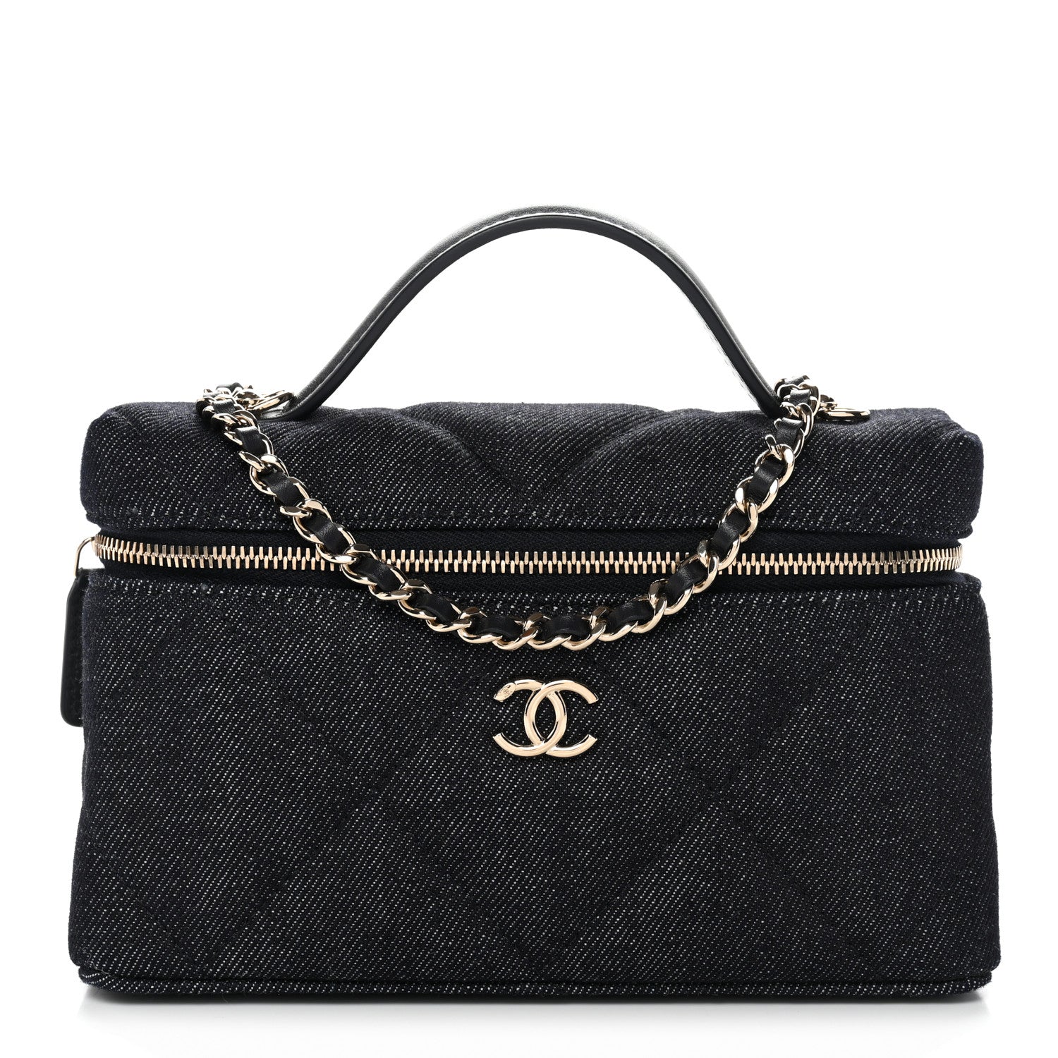 Denim Quilted Top Handle Slim Vanity Case With Chain Dark Blue