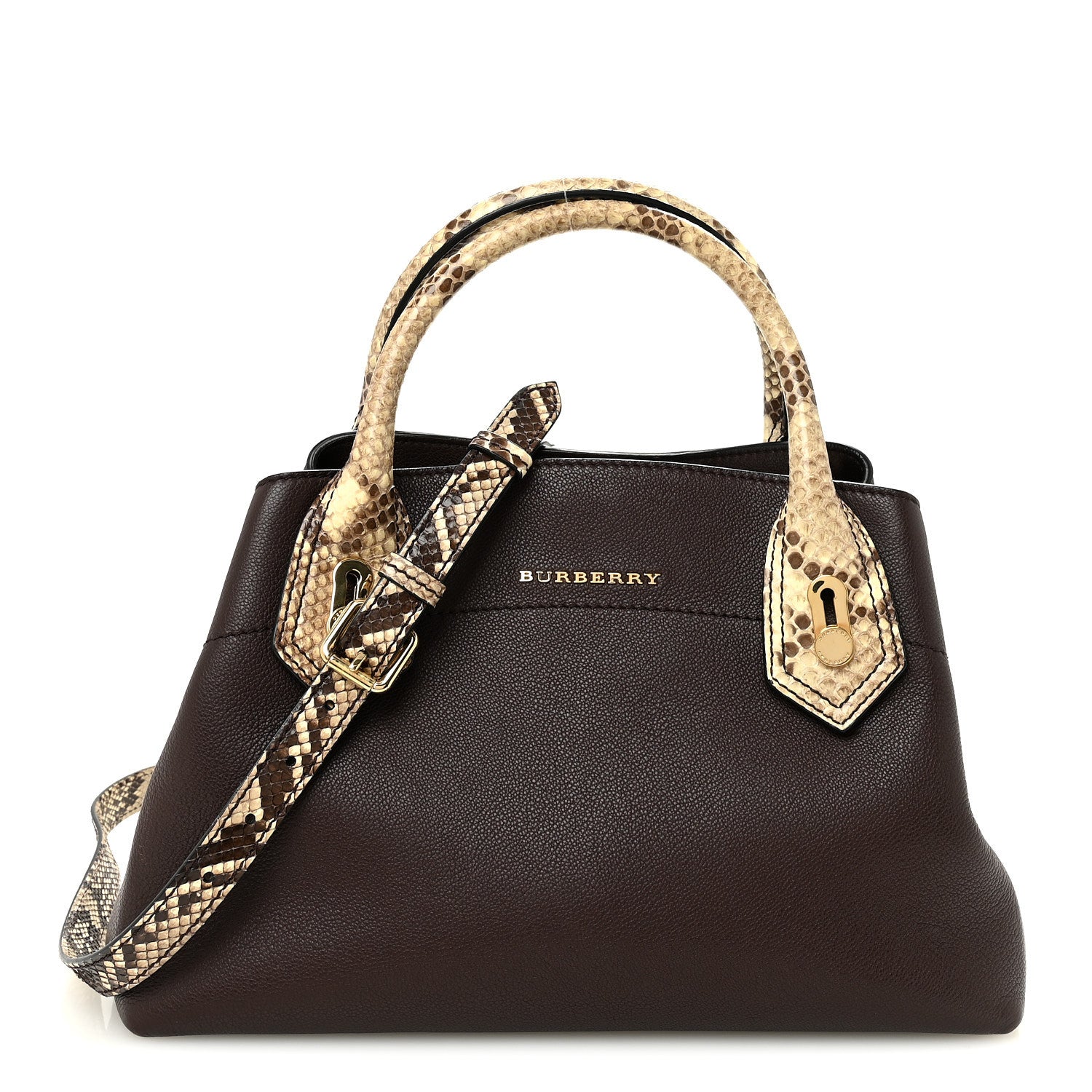 Grainy Calfskin Snakeskin Small Milton Satchel  Brown Natural