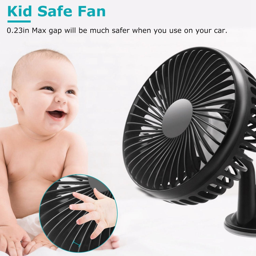 Car Cooling Fan Portable Rotatable USB Vehicle Fan Backseat Clip Fan Dashboard Window Suction Fan for SUV RV Pickup with 3 Speeds