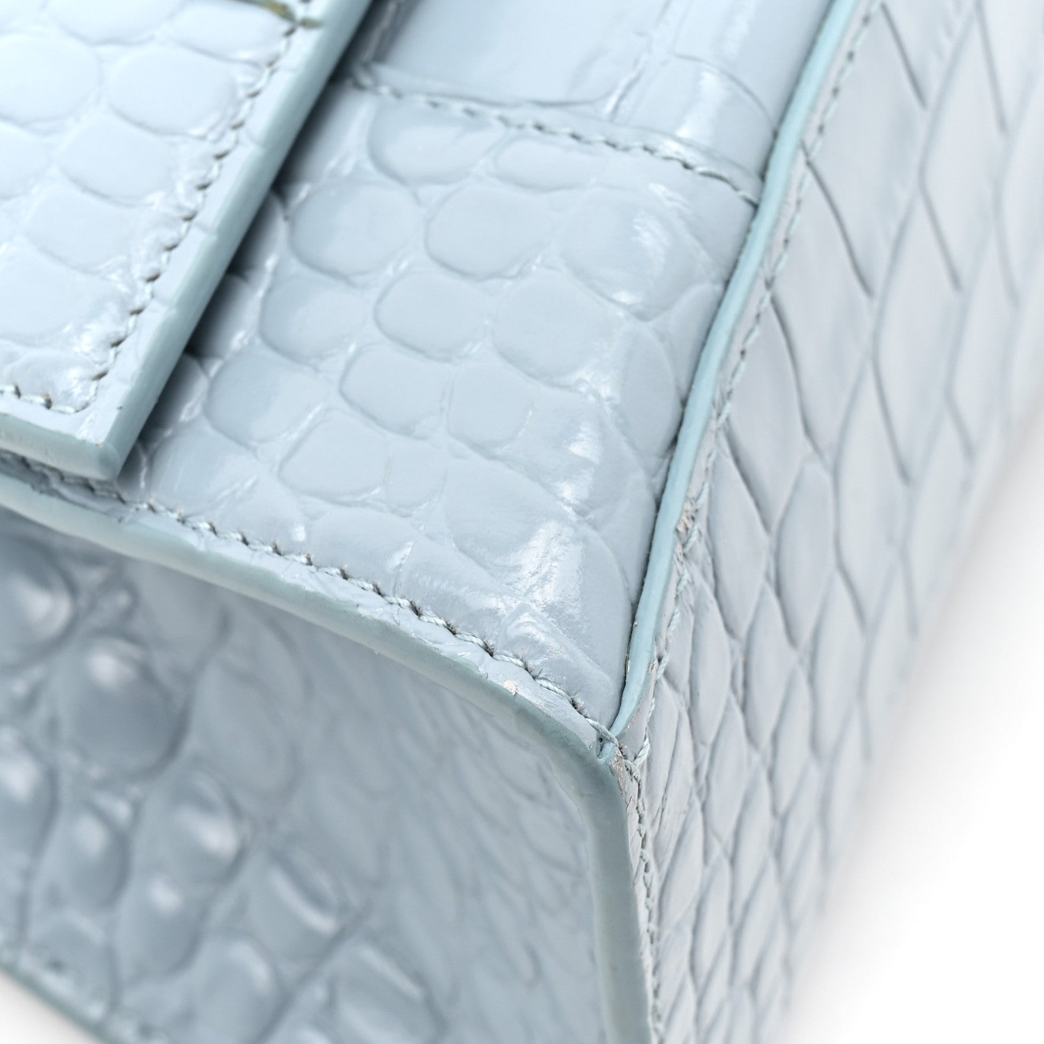 Shiny Calfskin Crocodile Embossed Small Hourglass Top Handle Bag Blue Grey