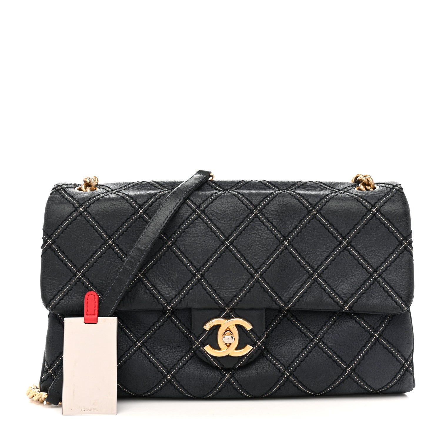 Iridescent Calfskin Triple Stitched Medium Flap Navy