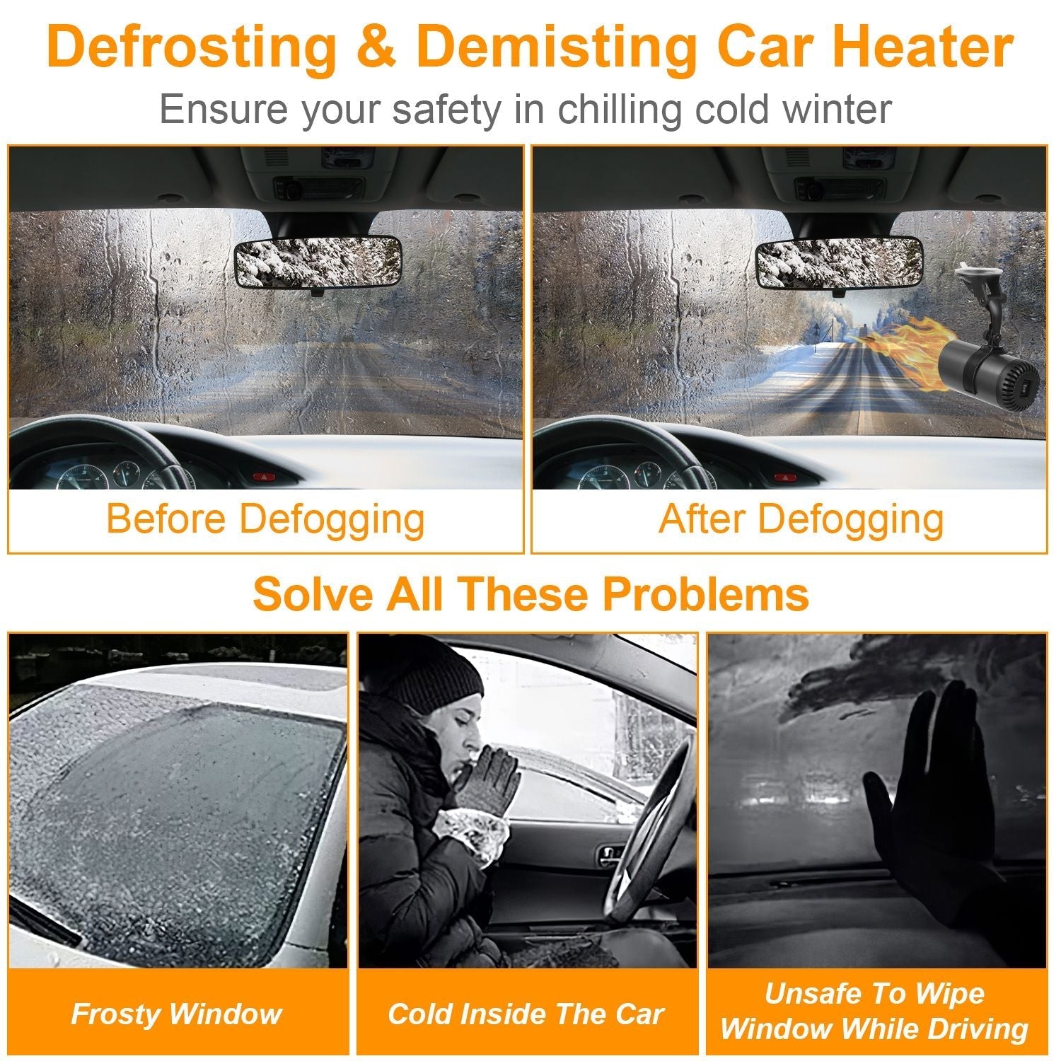 24V 150W Portable Car Heater 2 In 1 Heating Cooling Fan Rotatable Demister Defroster with 4.92ft Cord