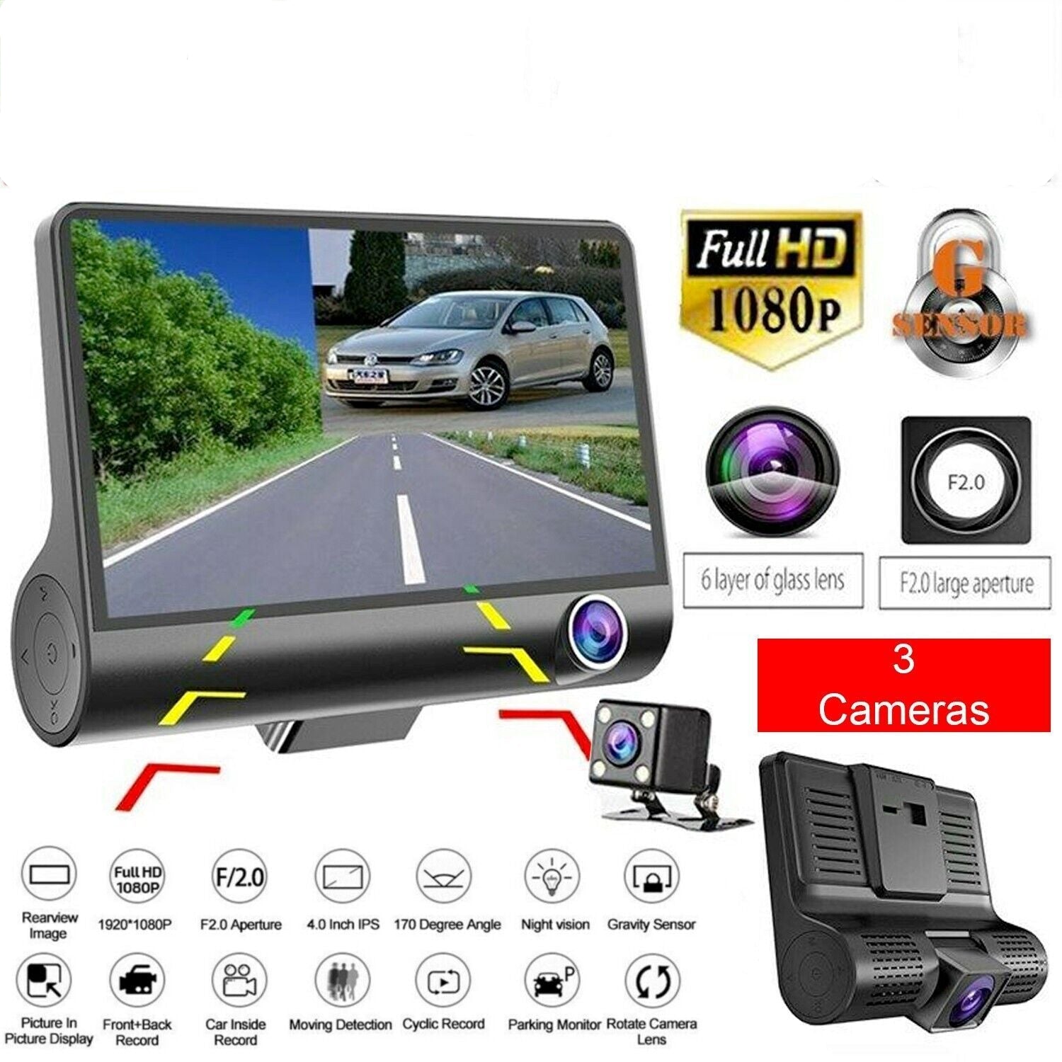 1080P 4" Dual Lens HD Car DVR Rearview Video Dash Cam Recorder Camera G-Sensor