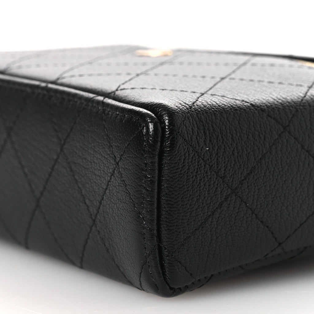 Goatskin Stitched Top Handle Slim Vanity With Chain Black