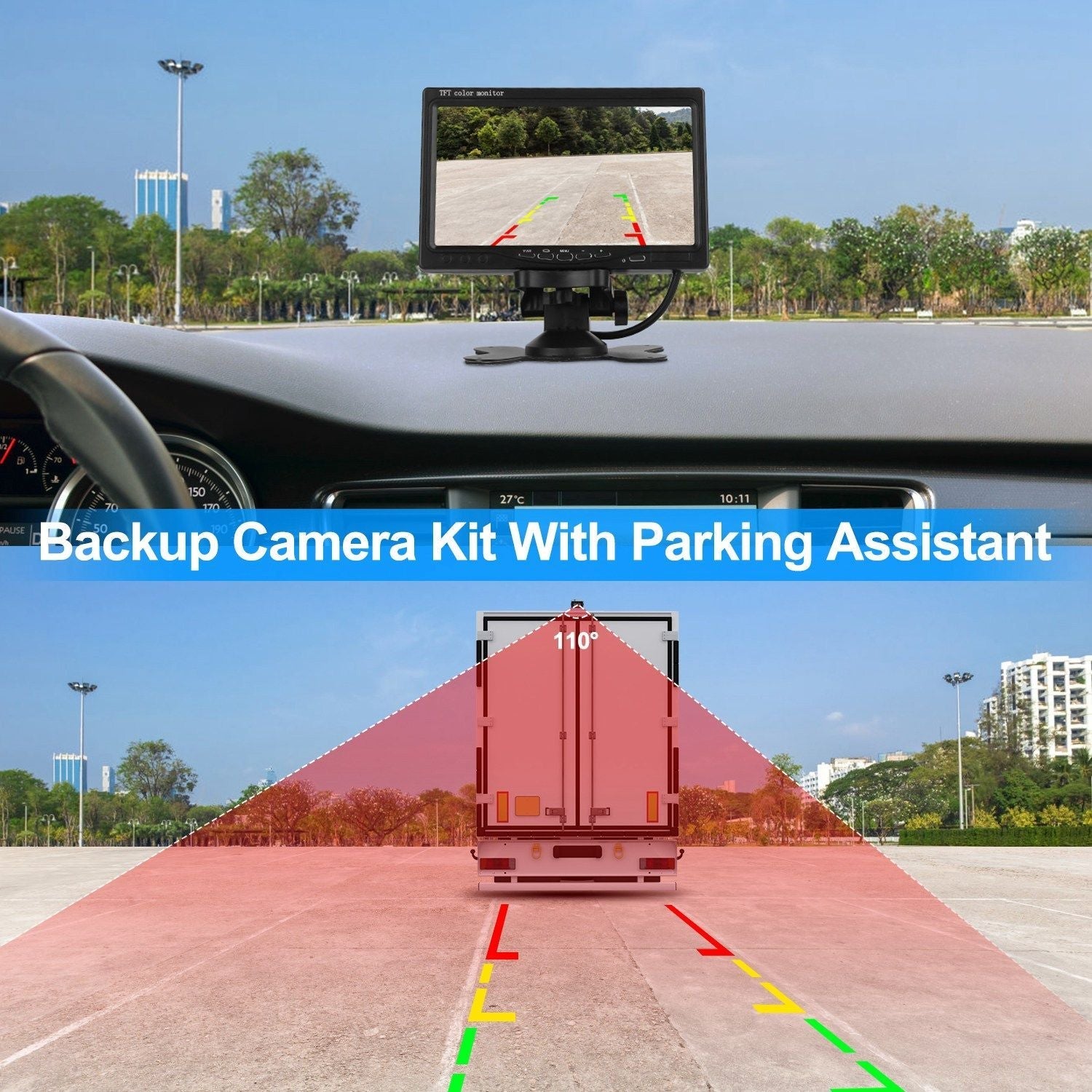 7In Screen Backup Camera System Vehicle Rear View Monitor Kit IP67 Waterproof Car Parking Reverse System with Night Vision for Car Trunk Van SUV - Cord Version