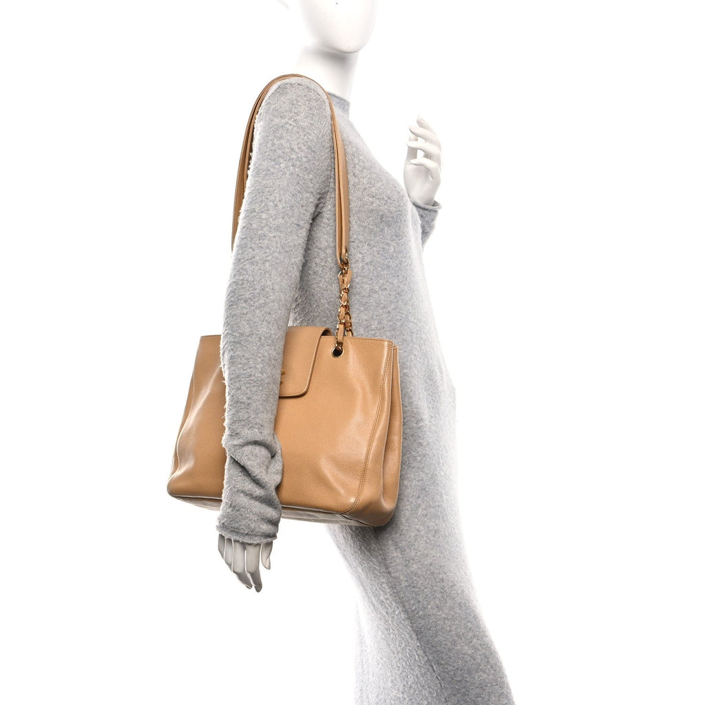 Caviar Turnlock Tote Beige