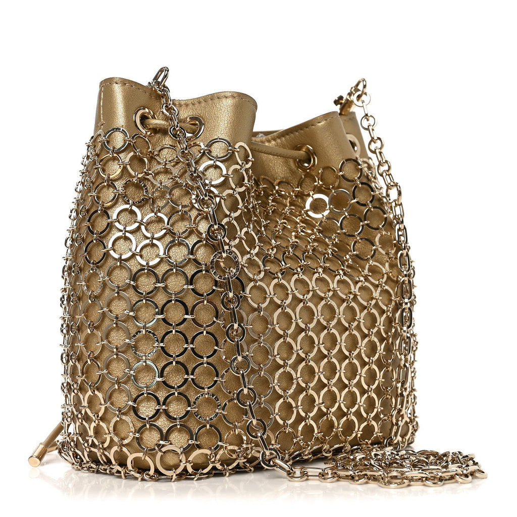Metallic Calfskin Mesh Long Chain Bucket Bag Gold