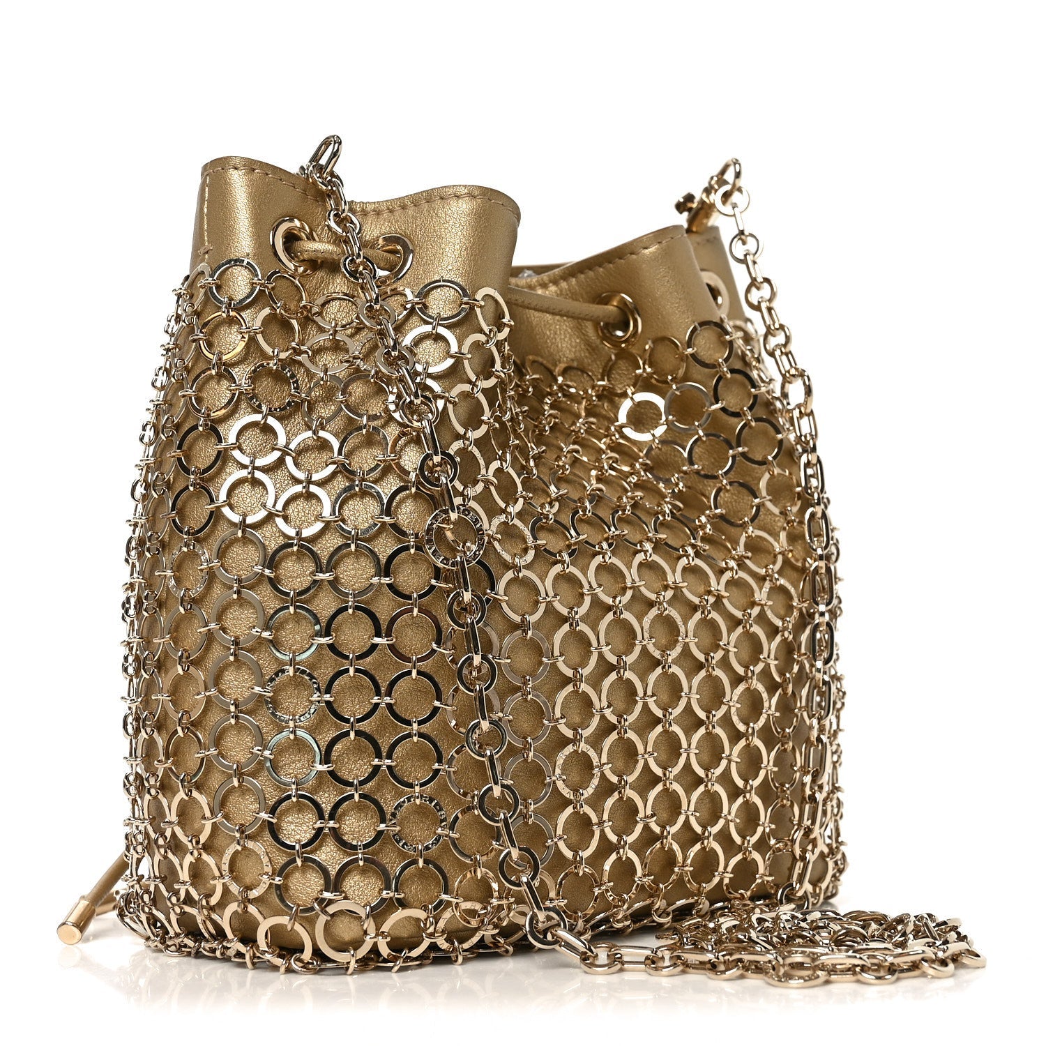 Metallic Calfskin Mesh Long Chain Bucket Bag Gold