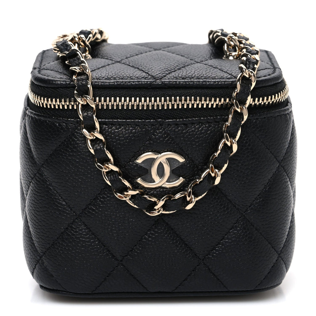 Caviar Quilted Mini Vanity Case With Chain Black