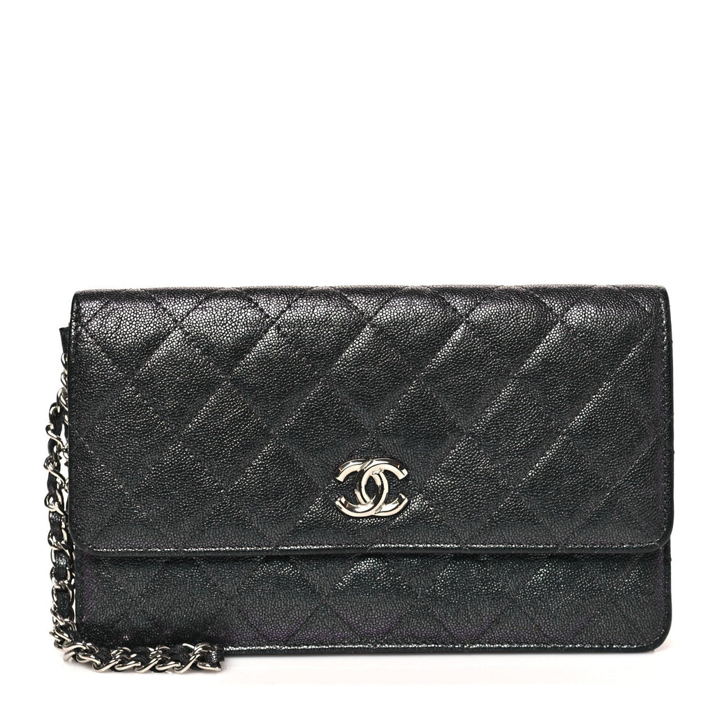 Iridescent Caviar Quilted Classic Pouch Clutch Black