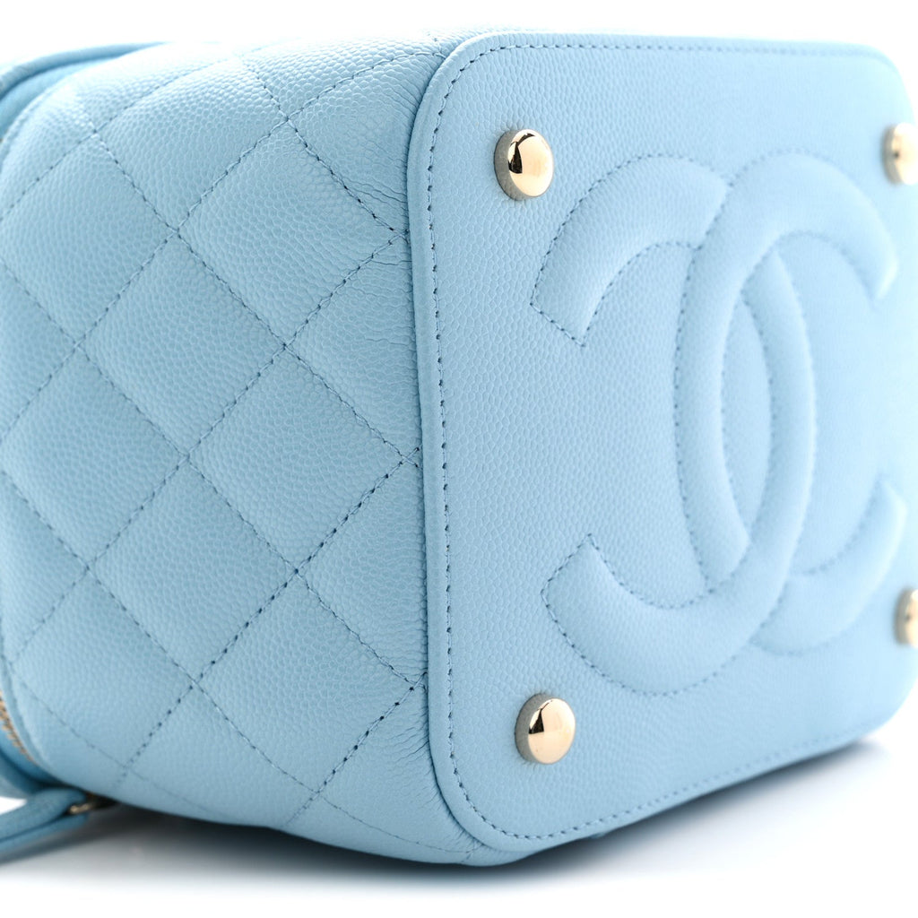 Caviar Quilted Top Handle Vanity Case With Chain Blue