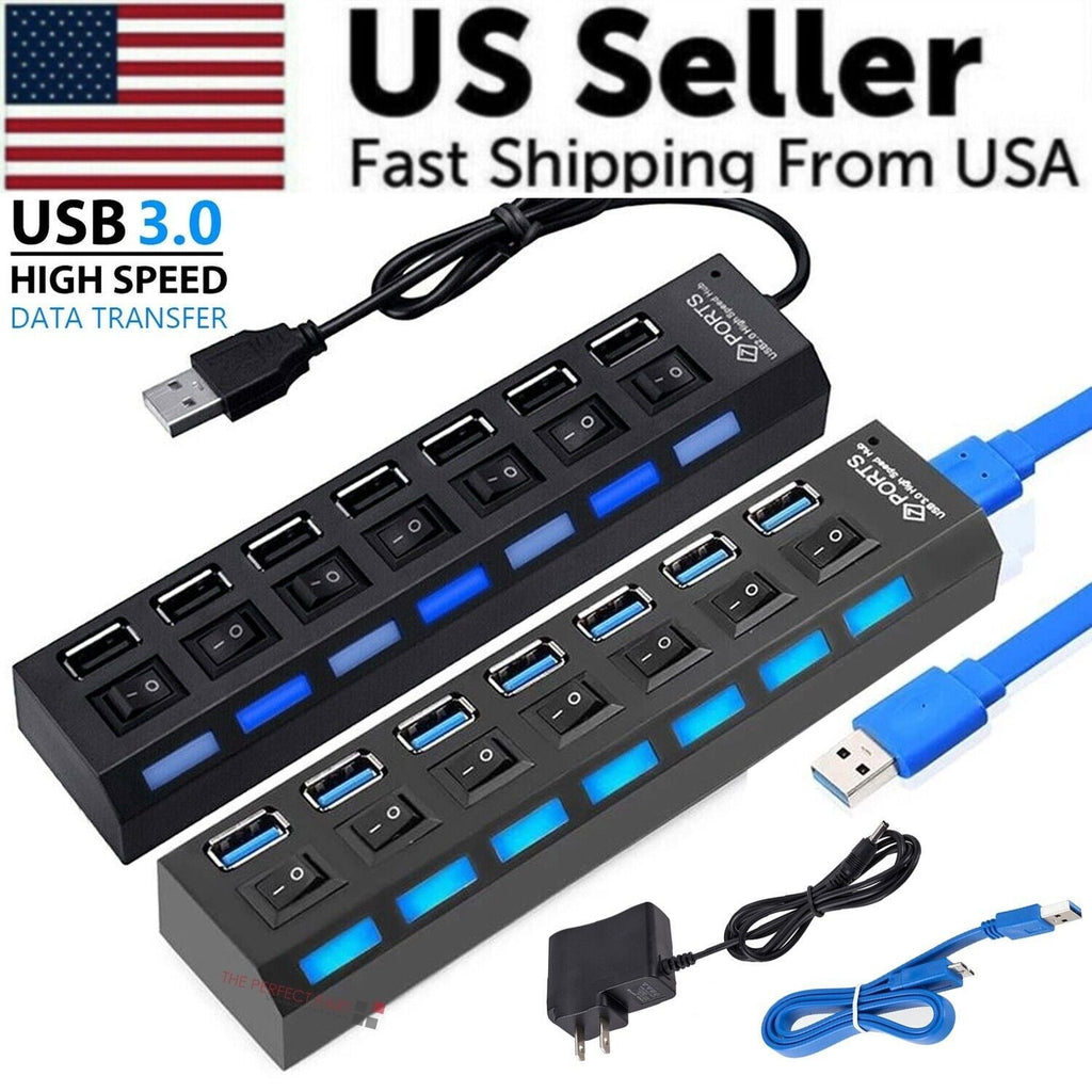 7 Port USB 2.0 Hub Splitter Adapter High Speed For PC Laptop Mac Desktop