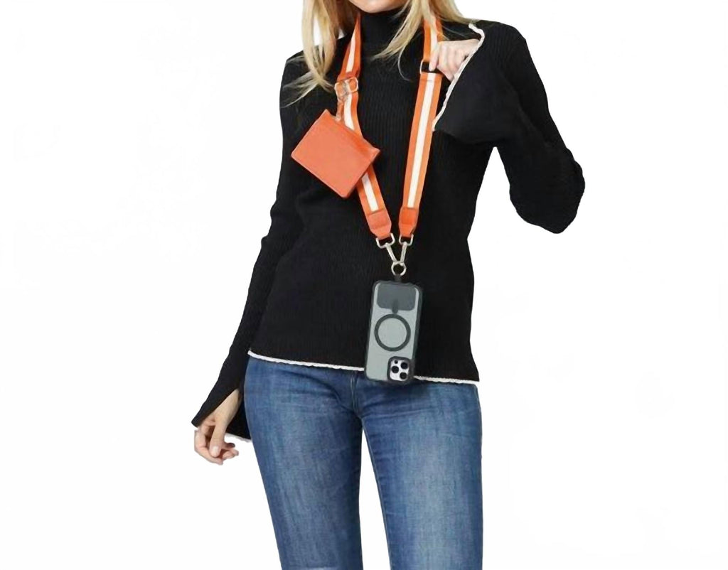 Women's Clip N' Carry Crossbody Phone Strap Carrier With Pouch Wallet Stripe In Orange White
