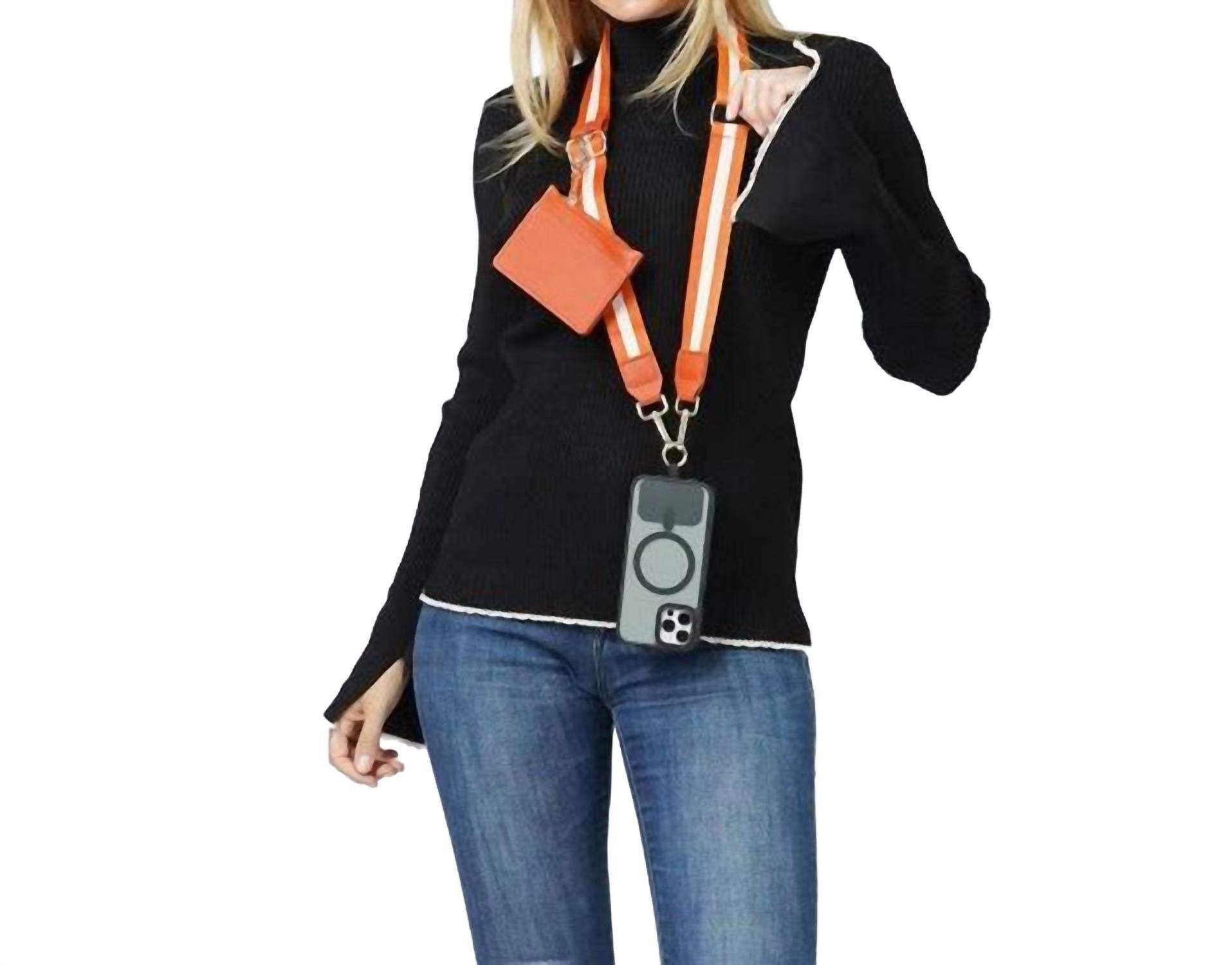 Women's Clip N' Carry Crossbody Phone Strap Carrier With Pouch Wallet Stripe In Orange White