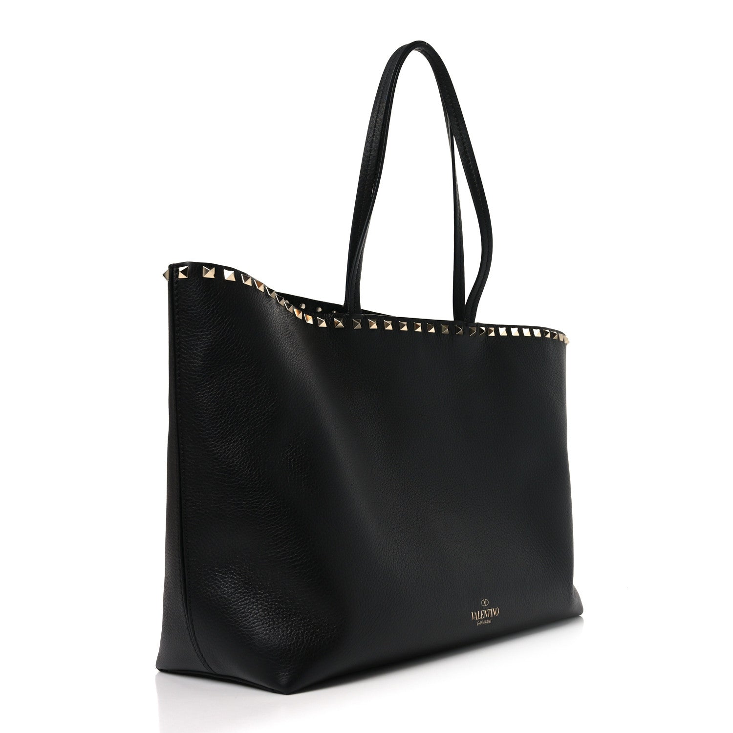 Grained Calfskin Rockstud Shoulder Tote Black