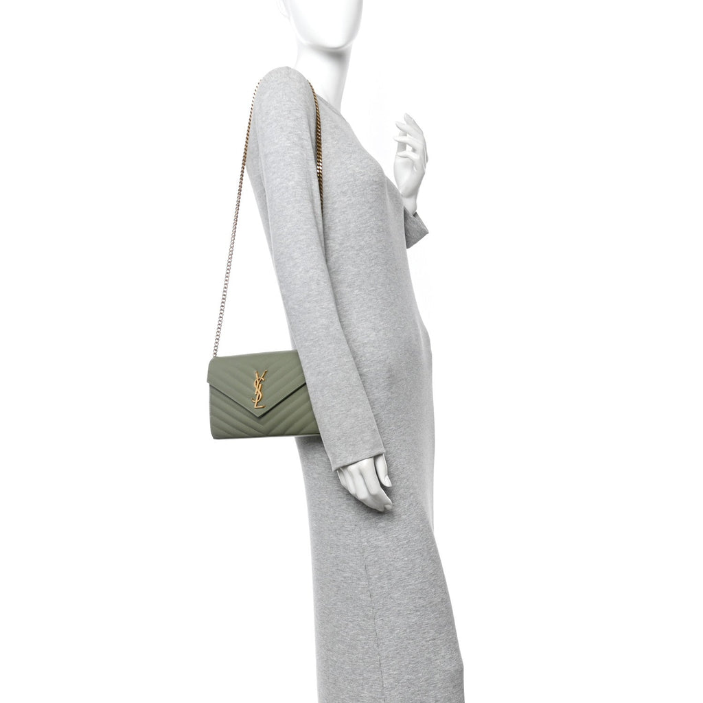 Grain De Poudre Matelasse Chevron Monogram Chain Wallet Light Sage
