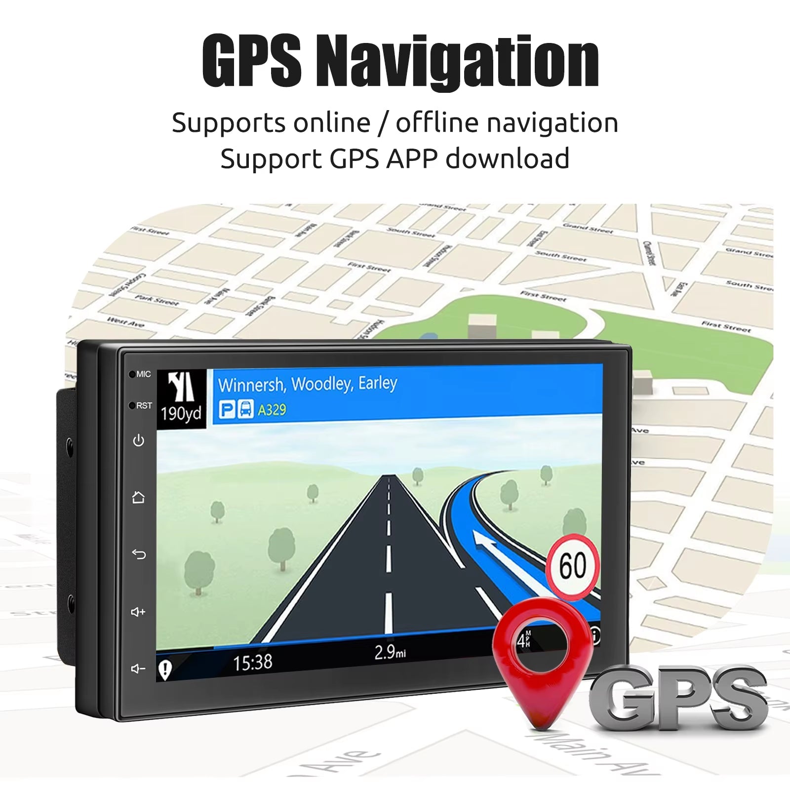 9" 2 DIN Android 14 Car Stereo with 4GB RAM and 64GB Storage, CarPlay, Android Auto, GPS Navigation, Bluetooth, FM RDS Radio, Wi-Fi, and Touchscreen Integration