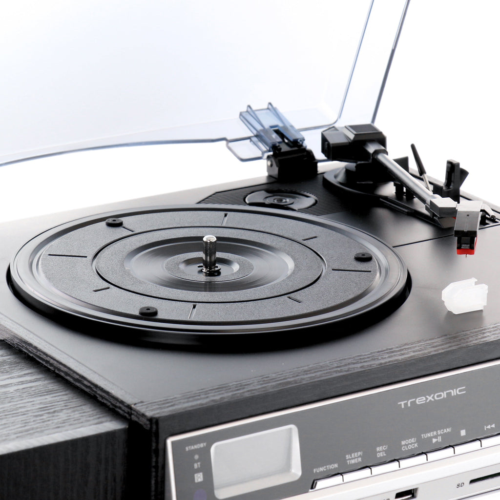 3-Speed Vinyl Turntable  Home Stereo System with CD Player, Double Cassette Player, Bluetooth, FM Radio & USB/SD Recording