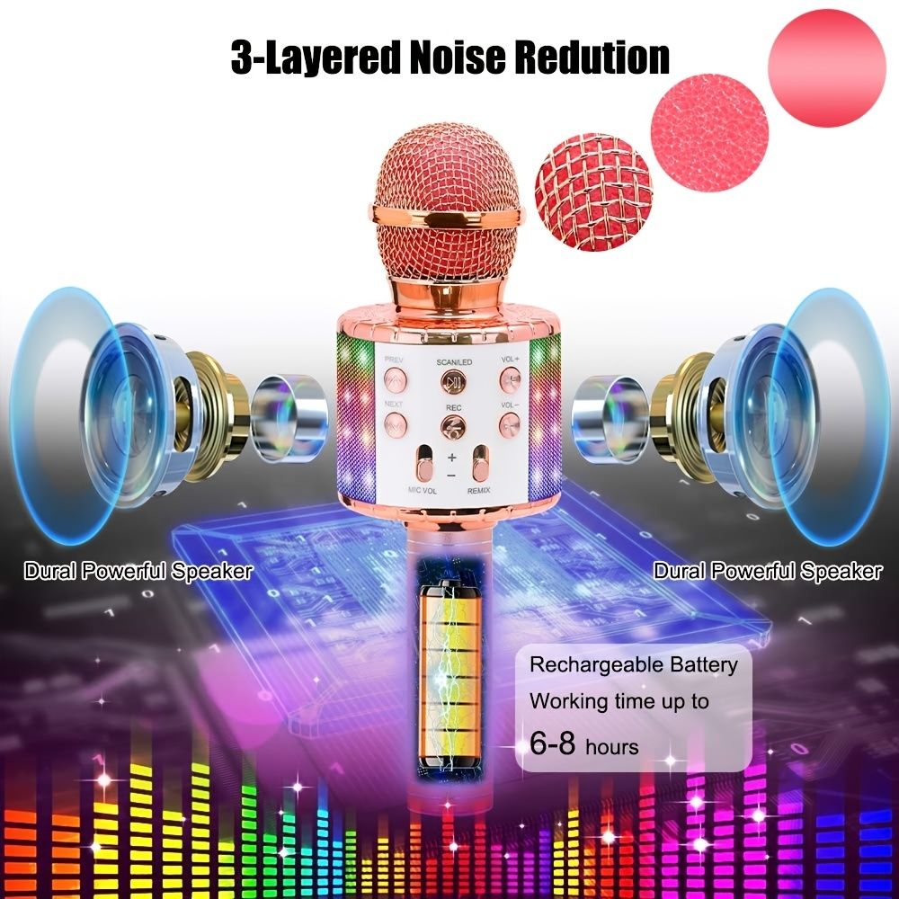 Wireless Karaoke Microphone BT Handheld Portable Speaker Home KTV Player With Dancing LED Lights Record Function For Kids
