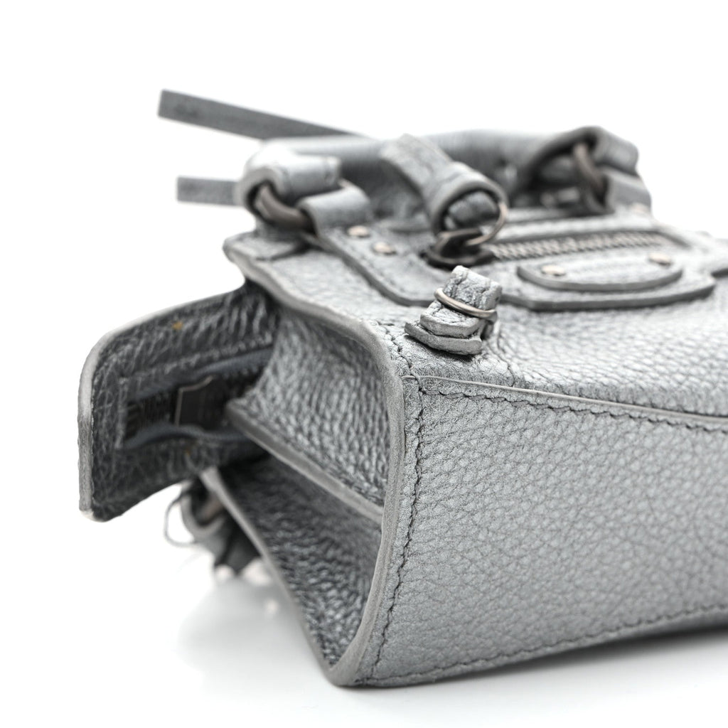 Metallic Grained Calfskin Neo Classic Hardware Super Nano City Crossbody Silver