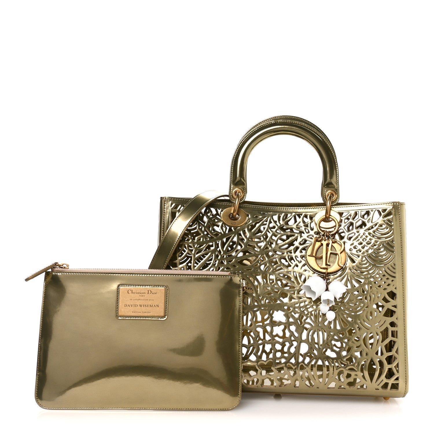 X DAVID WISEMAN Metallic Calfskin Laser Cut Large Lady Dior Gold