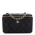 Denim Quilted Vanity Case With Chain Dark Blue