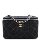 Denim Quilted Vanity Case With Chain Dark Blue