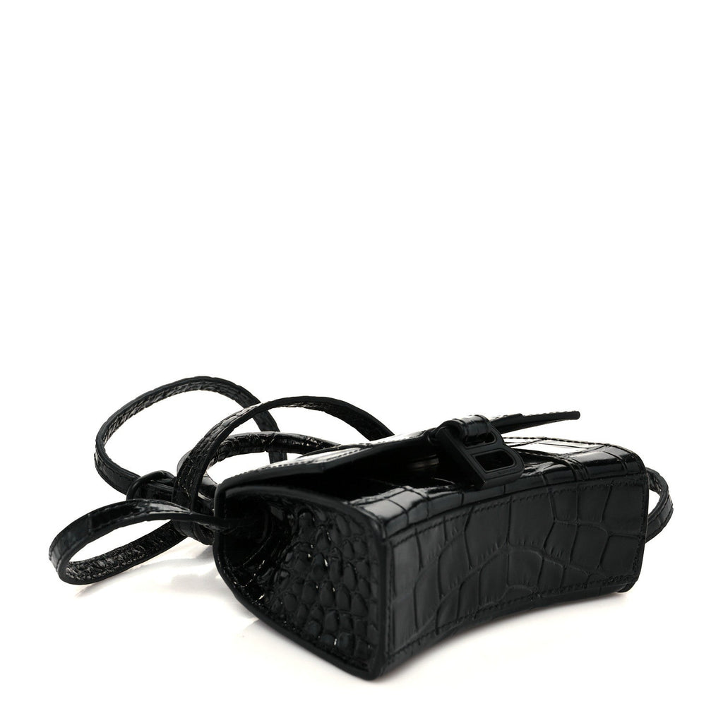 Shiny Calfskin Monochrome Crocodile Embossed Hourglass Top Handle Bag Mini Black