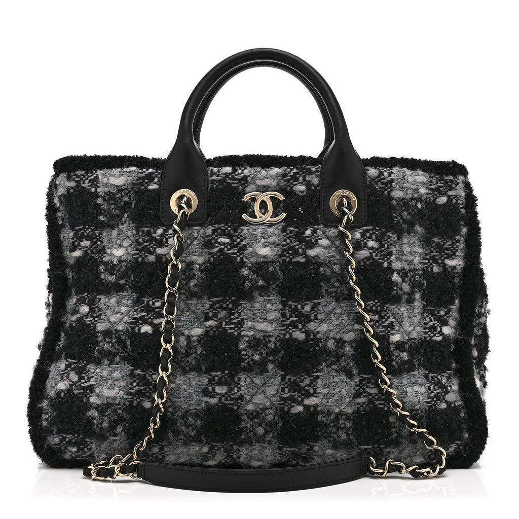 Tweed Shearling Quilted Lambskin Shopping Tote  Black Grey