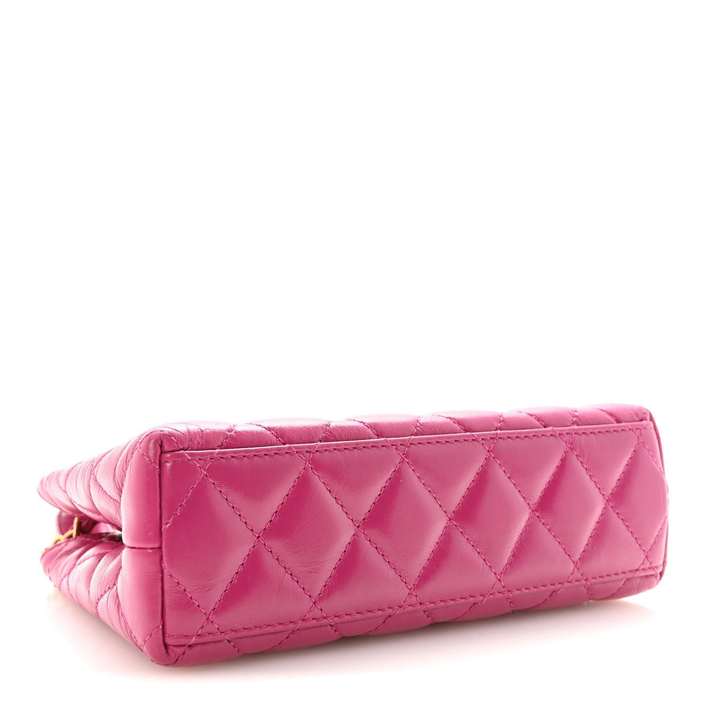 Shiny Aged Calfskin Quilted Nano Kelly Shopper Dark Pink
