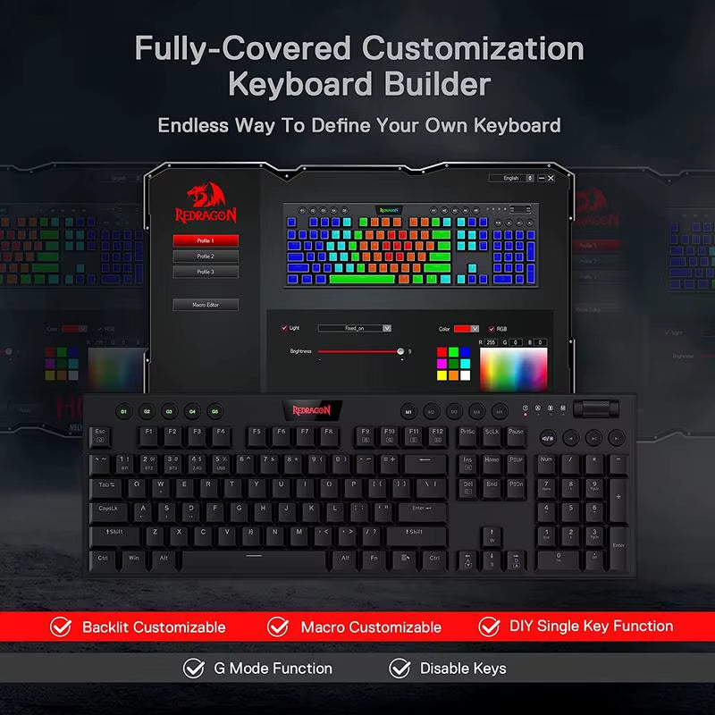 Redragon K618 Horus Tri-Mode Wireless RGB Mechanical Gaming Keyboard - Bluetooth, 2.4GHz, and Wired Low Profile Design - Red Switch