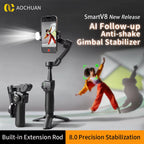 Smart V8 3-Axis Handheld Gimbal Stabilizer with Extension Rod and Tripod for Face Tracking - Compatible with iPhone, Android with Light