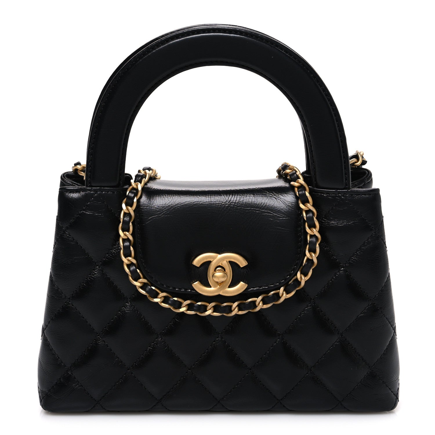 Shiny Aged Calfskin Quilted Nano Kelly Shopper Black