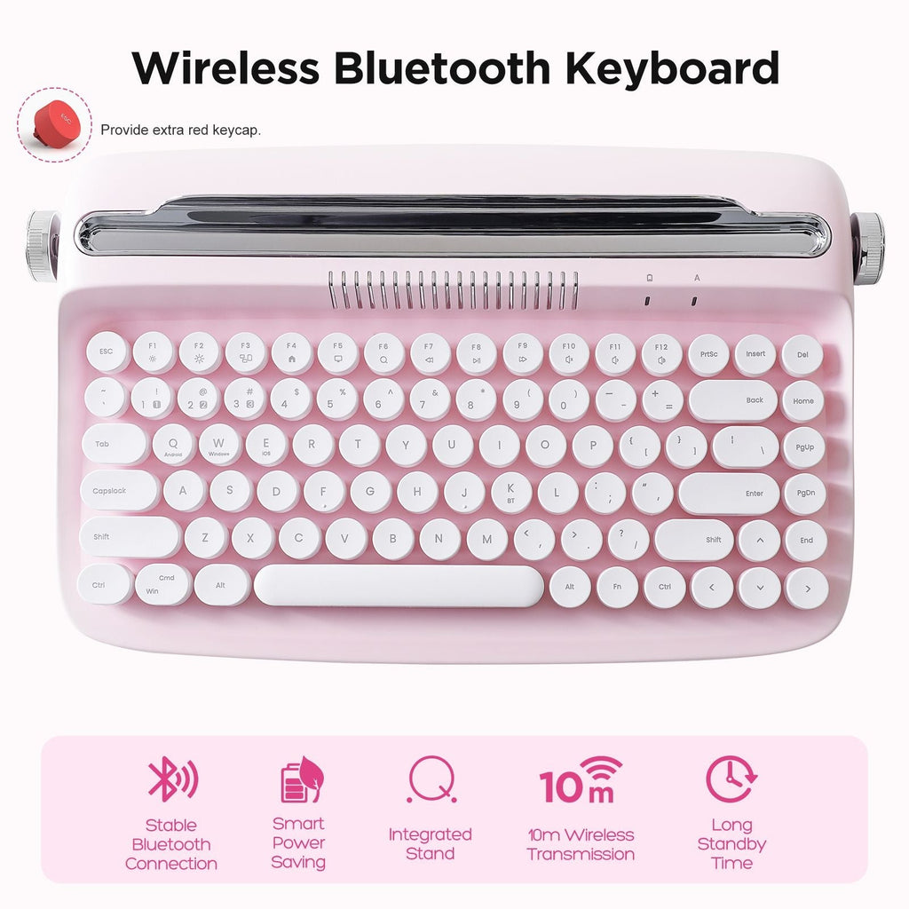 ACTTO B303 Wireless Keyboard, Retro Bluetooth Aesthetic Typewriter Style Keyboard with Integrated Stand for Multi-Device