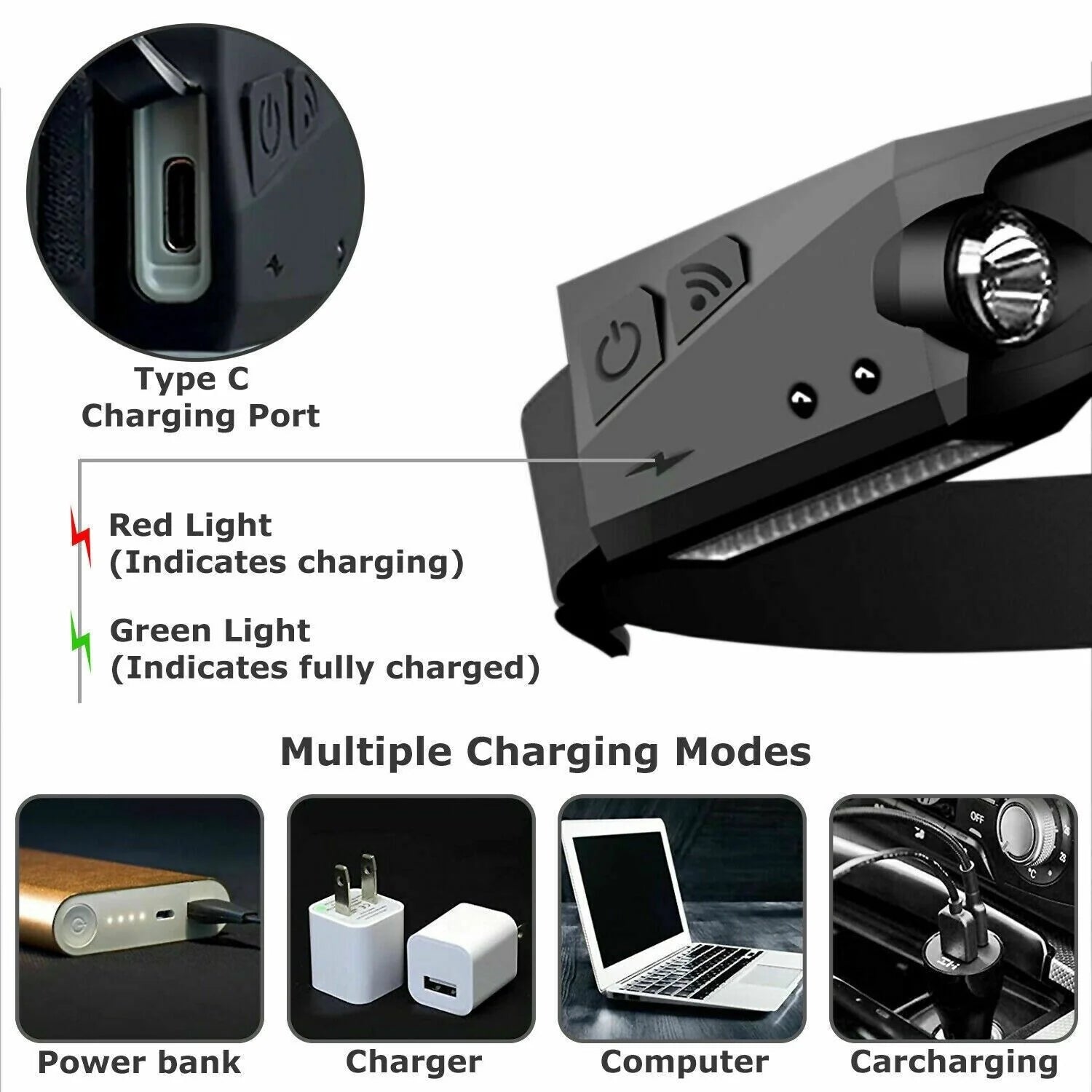 LED Headlamp USB Rechargeable Headlight Torch Work Light Bar Head Band Lamp - Black