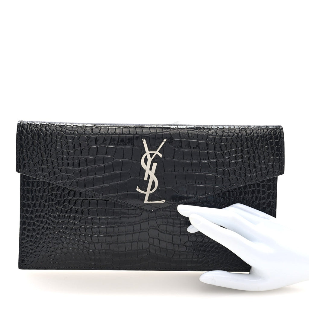 Calfskin Crocodile Embossed Uptown Monogram Pouch Black