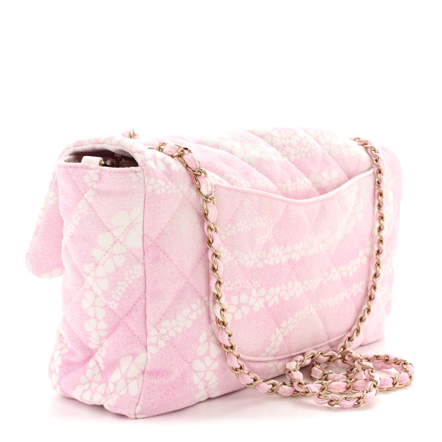 Printed Denim Quilted Medium Single Flap Bag Pink White