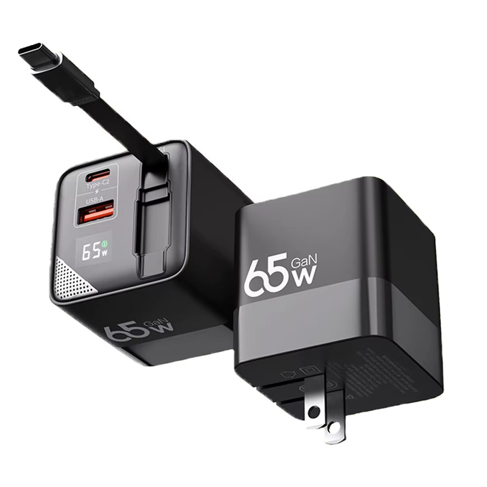 65W GaN Fast Charger with Three Ports and Integrated 80cm Retractable Type-C Cable for iPhone 16/15/14/13 Pro Max, Xiaomi, and Samsung Devices