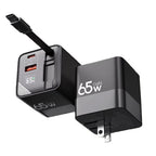 65W GaN Fast Charger with Three Ports and Integrated 80cm Retractable Type-C Cable for iPhone 16/15/14/13 Pro Max, Xiaomi, and Samsung Devices