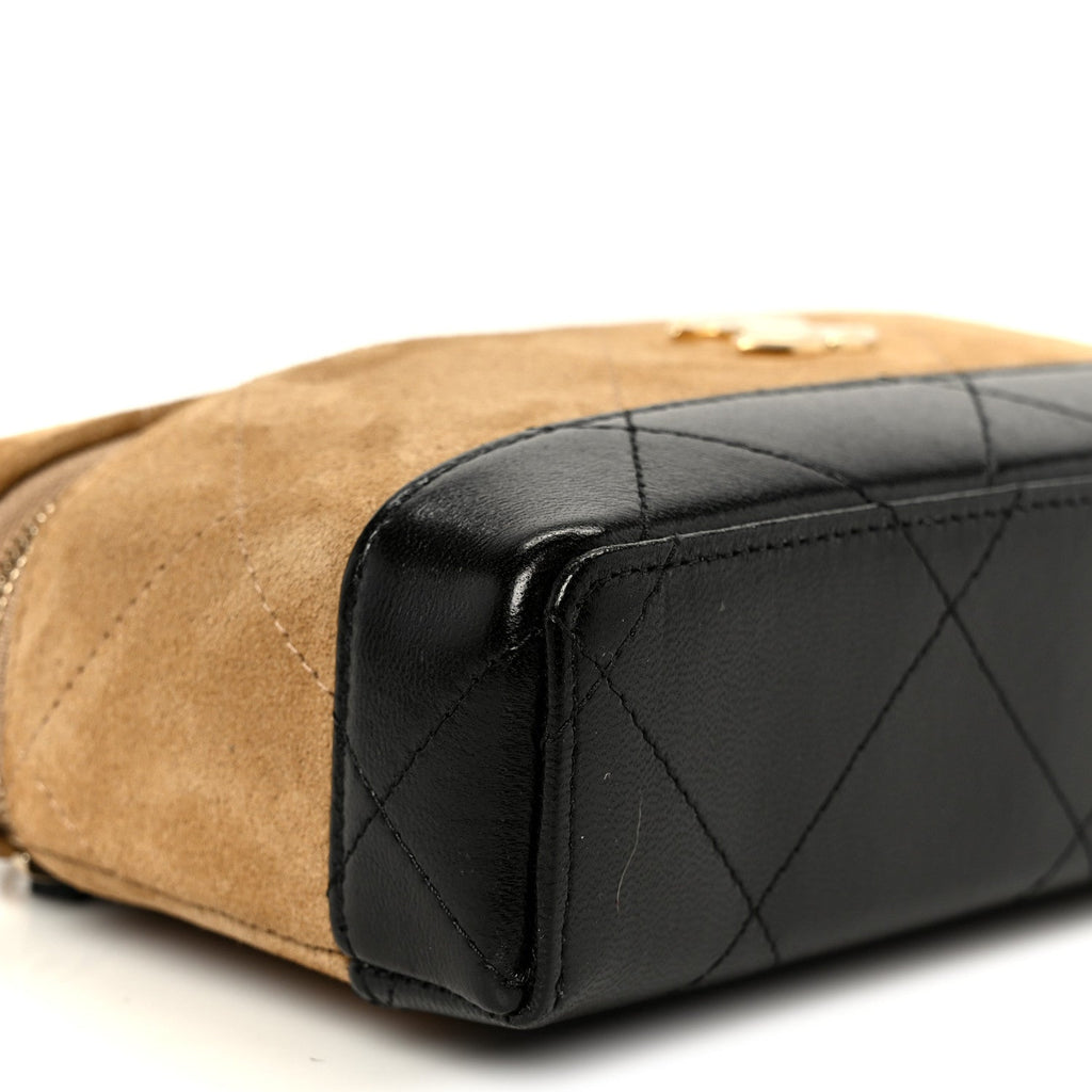 Suede Calfskin Shiny Lambskin Stitched Top Handle Slim Vanity Case With Chain Beige Black