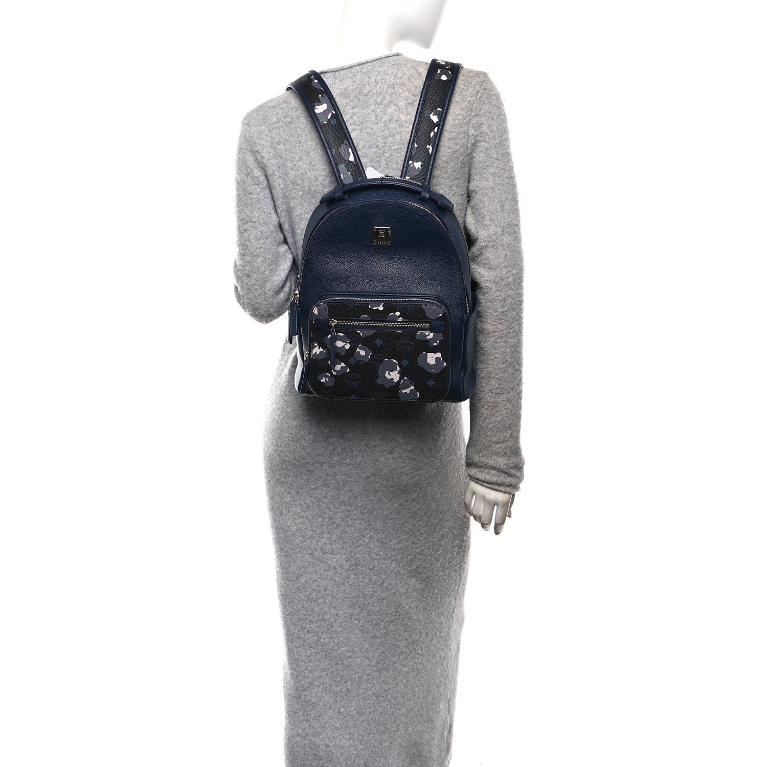 Calfskin Visetos Floral Leopard Klassik Small Stark Backpack Blue Black