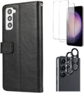 SAHARA - Bundle: Folio Black Leather Wallet Case with Tempered Glass Screen and Camera Protector - Samsung Galaxy S23