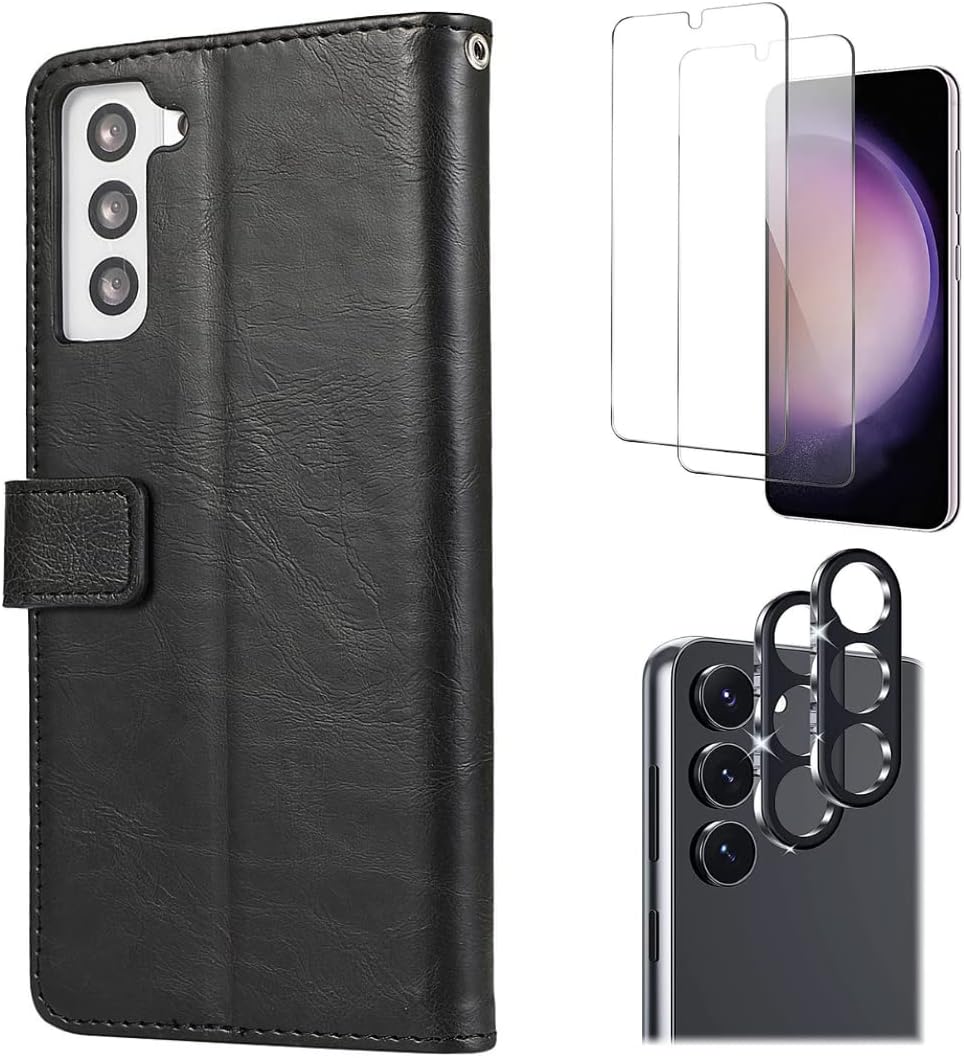 SAHARA - Bundle: Folio Black Leather Wallet Case with Tempered Glass Screen and Camera Protector - Samsung Galaxy S23